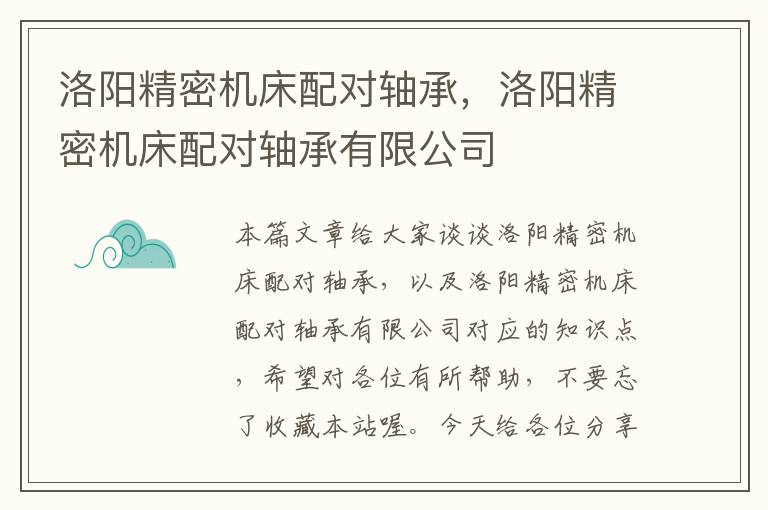 洛阳精密机床配对轴承，洛阳精密机床配对轴承有限公司