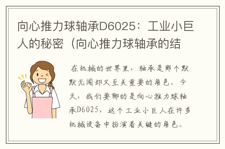 向心推力球轴承D6025：工业小巨人的秘密（向心推力球轴承的结构）